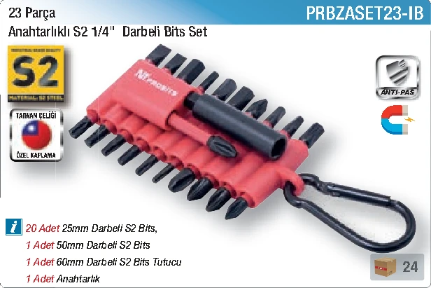 23 Parça Anahtarlıklı S2 1/4" Darbeli Bits Set katalog bilgileri