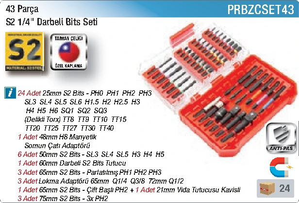 43 Parça S2 1/4" Darbeli Bits Seti katalog bilgileri