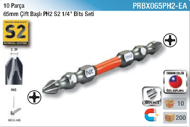 10 Parça 65 mm Çift Başlı PH2 S2 1/4" Bits Seti katalog bilgileri